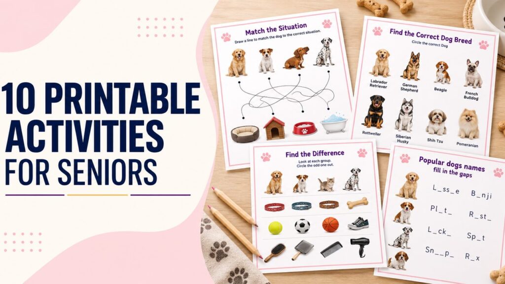 Ten printable dog activities for seniors including maze crossword and matching games