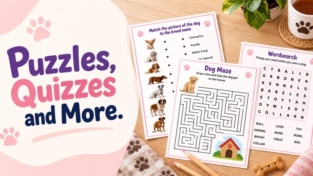 Printable dog puzzles and quizzes from the Dog Activity Book for seniors