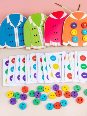 Button threading activity set with wooden jackets, pattern cards, buttons and laces