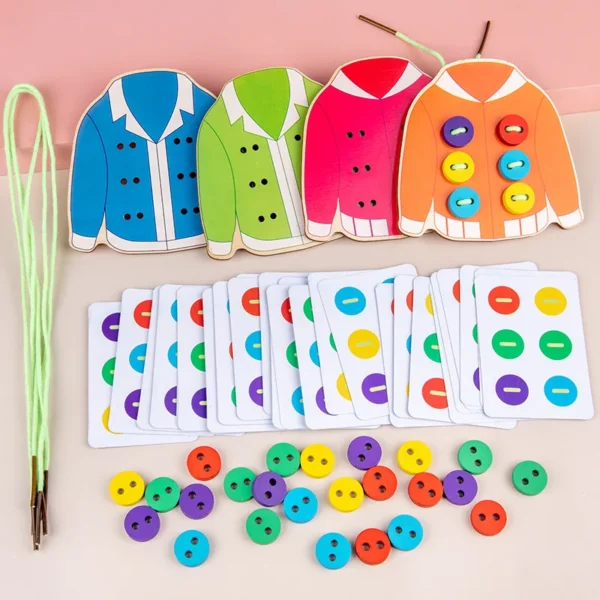 Button threading activity set with wooden jackets, pattern cards, buttons and laces