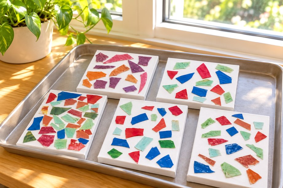 Finished lasagne mosaic canvases drying in the sun by a window