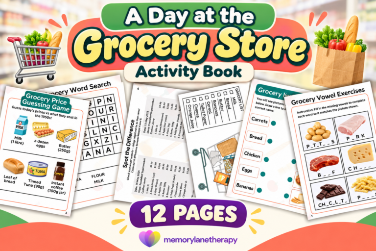 A Day at the Grocery Store activity book — printable activities for seniors