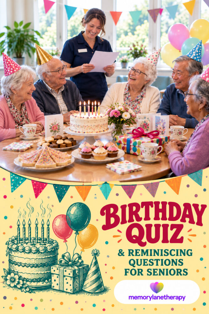 Birthday Quiz and reminiscing questions for seniors cover, with older adults in party hats celebrating around a birthday cake