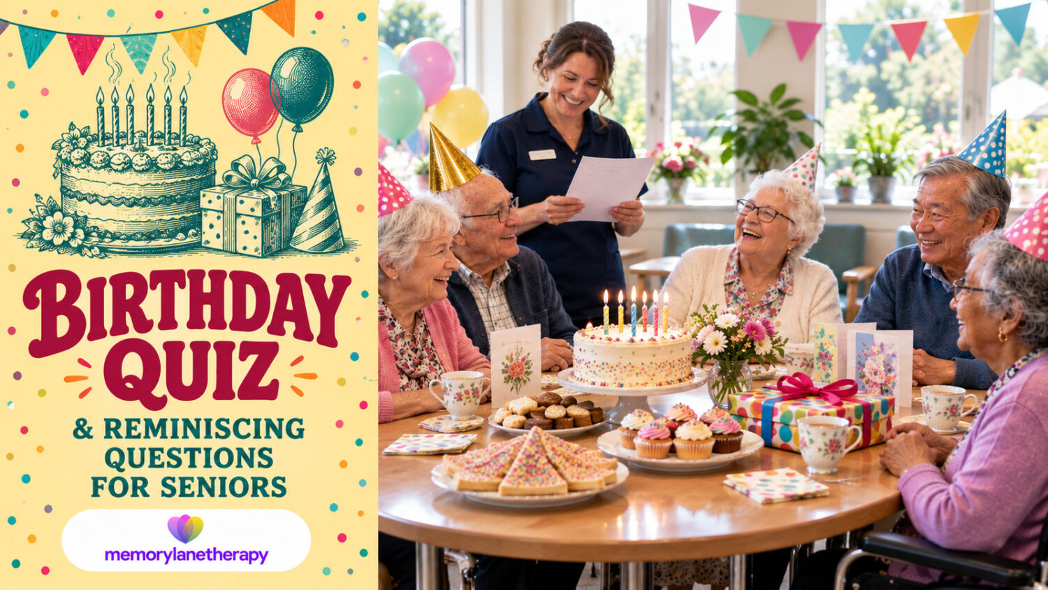 Smiling seniors in party hats and a carer around a birthday cake with candles, fairy bread, cupcakes and presents for the Birthday Quiz