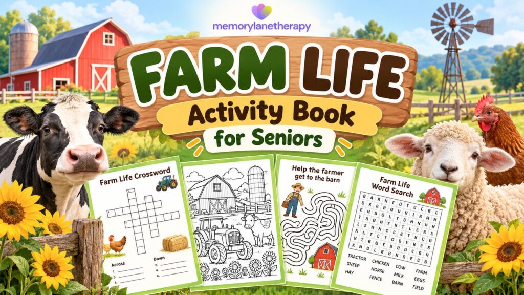 Farm Life Activity Book for Seniors cover showing farm animals and printable activities