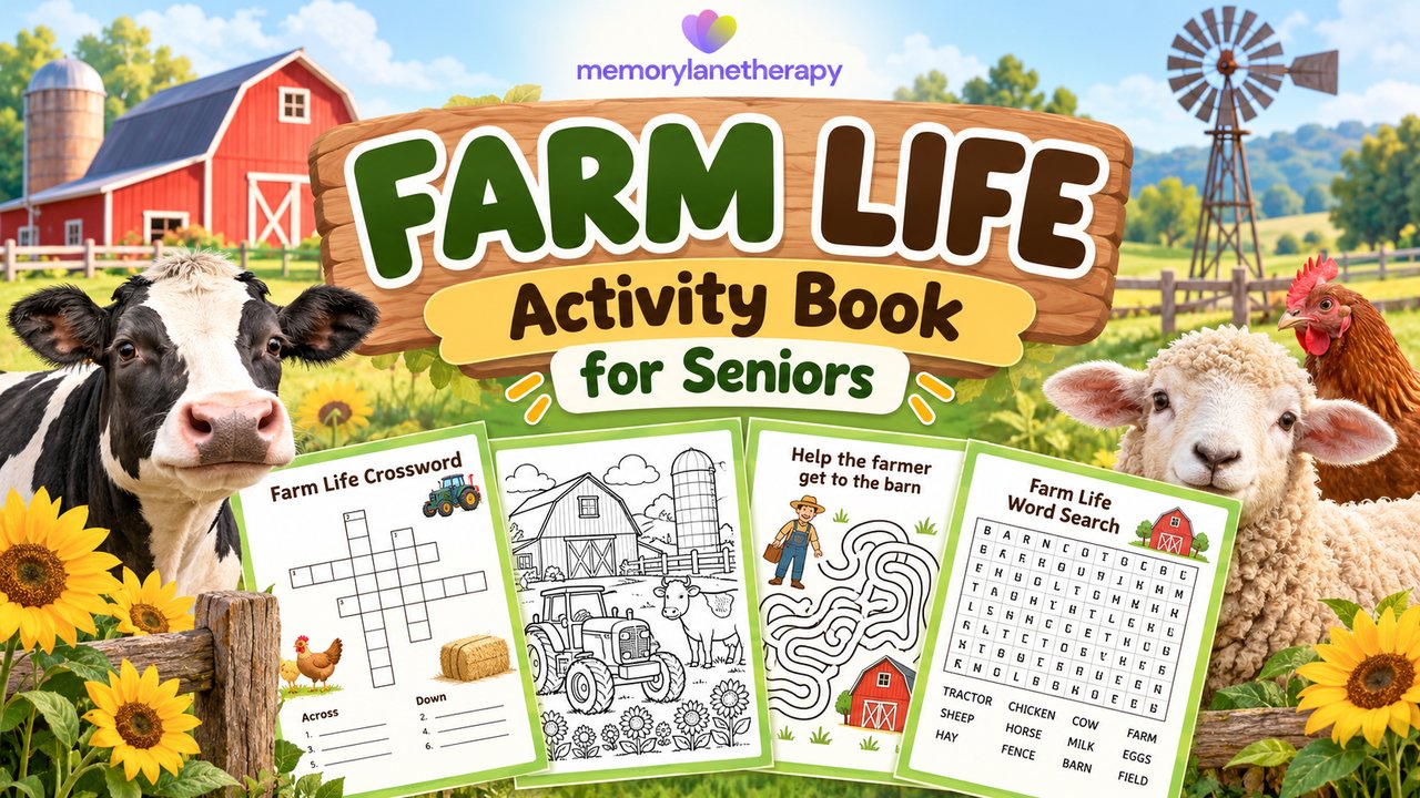 Farm Life printable activity book cover for seniors with farm animals and sample puzzle pages