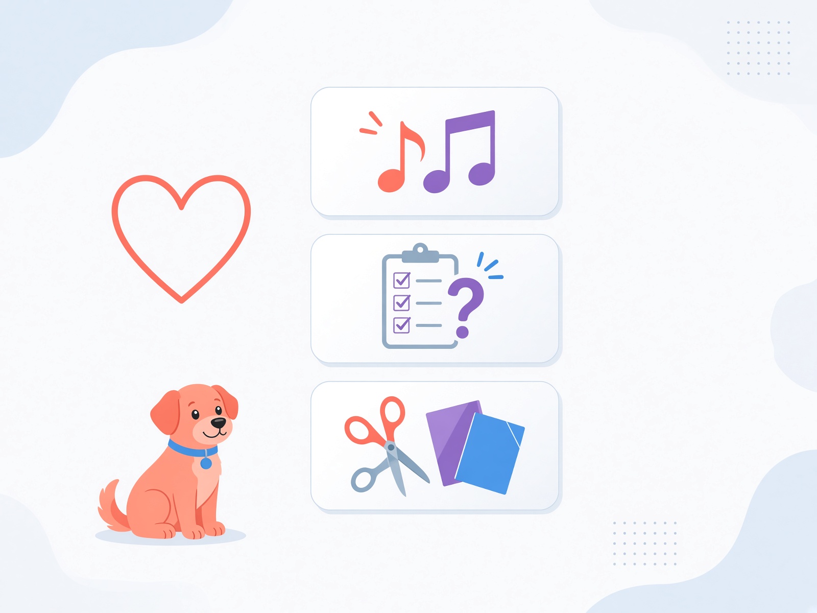 A heart, a small dog, and cards for music, quizzes and crafts.