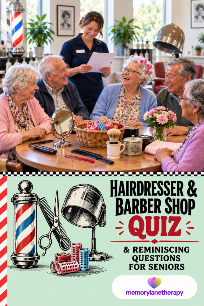 Hairdresser & Barber Shop Quiz and reminiscing questions for seniors cover, with older adults sharing rollers, combs and a shaving brush