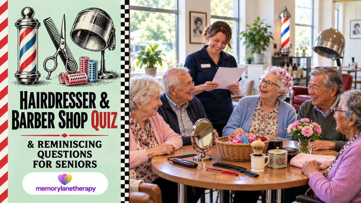 Smiling seniors and a carer around a table with hair rollers, a shaving brush, combs and a hand mirror, with a barber pole and salon hood dryer behind, for the Hairdresser & Barber Shop Quiz