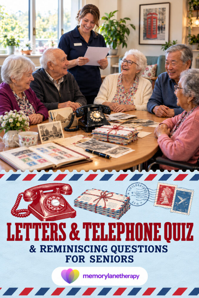 Letters & Telephone Quiz and reminiscing questions for seniors cover, with older adults sharing old letters, stamps and a rotary phone