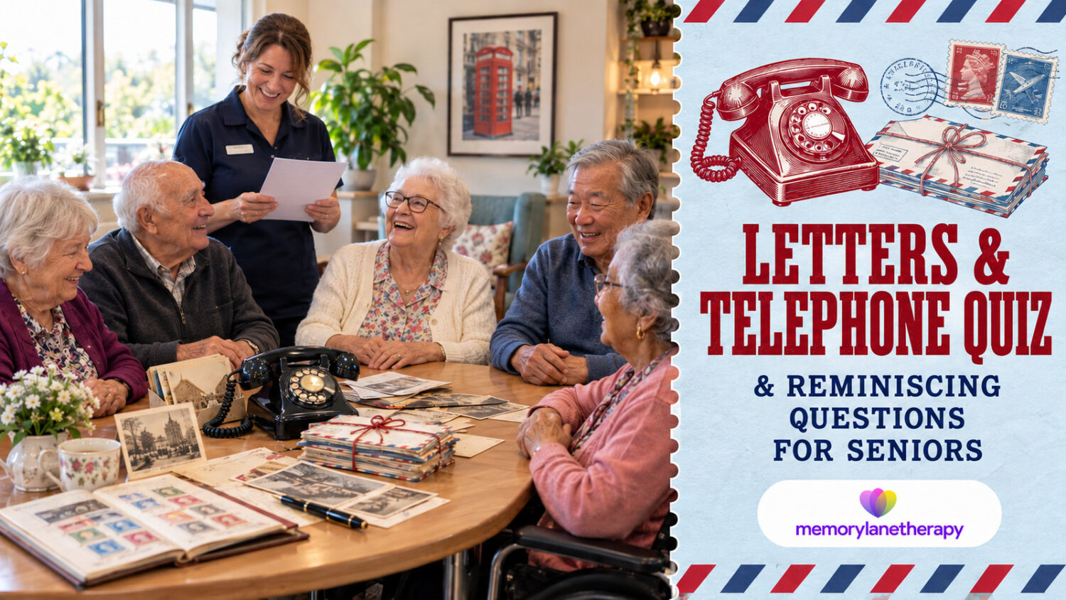 Smiling seniors and a carer around a table with a rotary telephone, letters, postcards and a stamp album for the Letters & Telephone Quiz