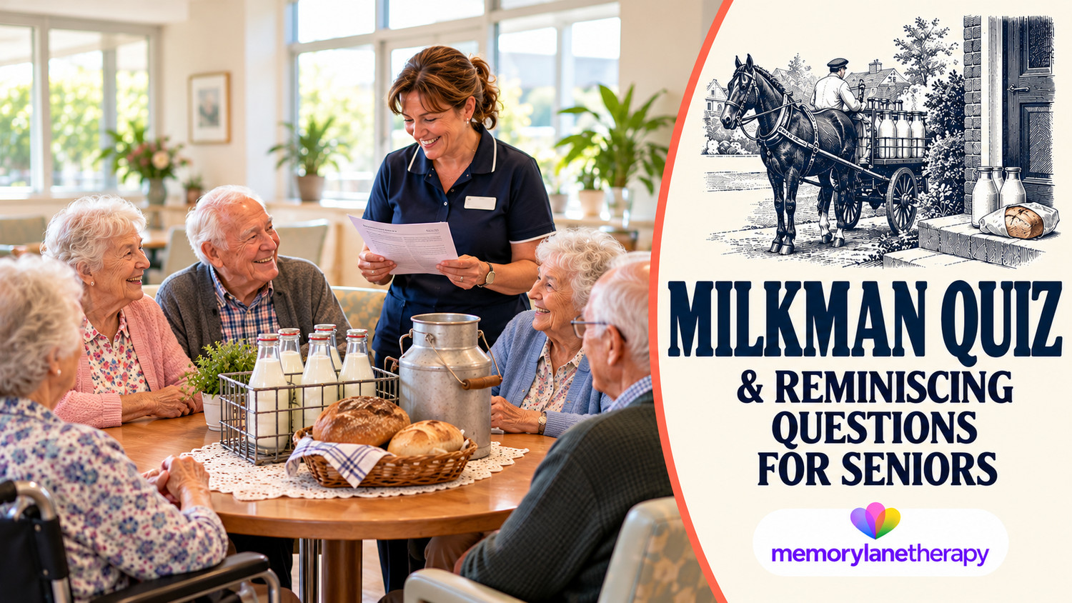 Milkman and Home Deliveries Quiz for Seniors with seniors and a coordinator enjoying a quiz in an aged care lounge