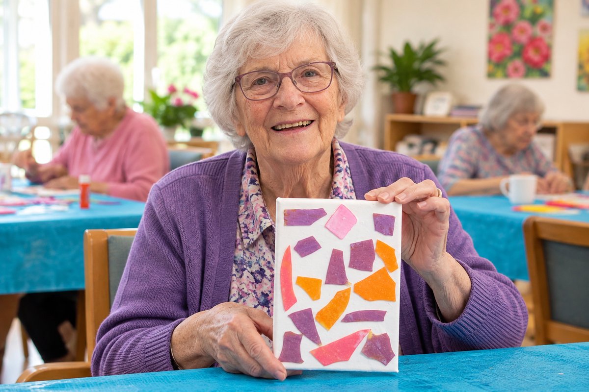 Smiling resident holding up her finished mosaic canvas made from painted lasagne pieces