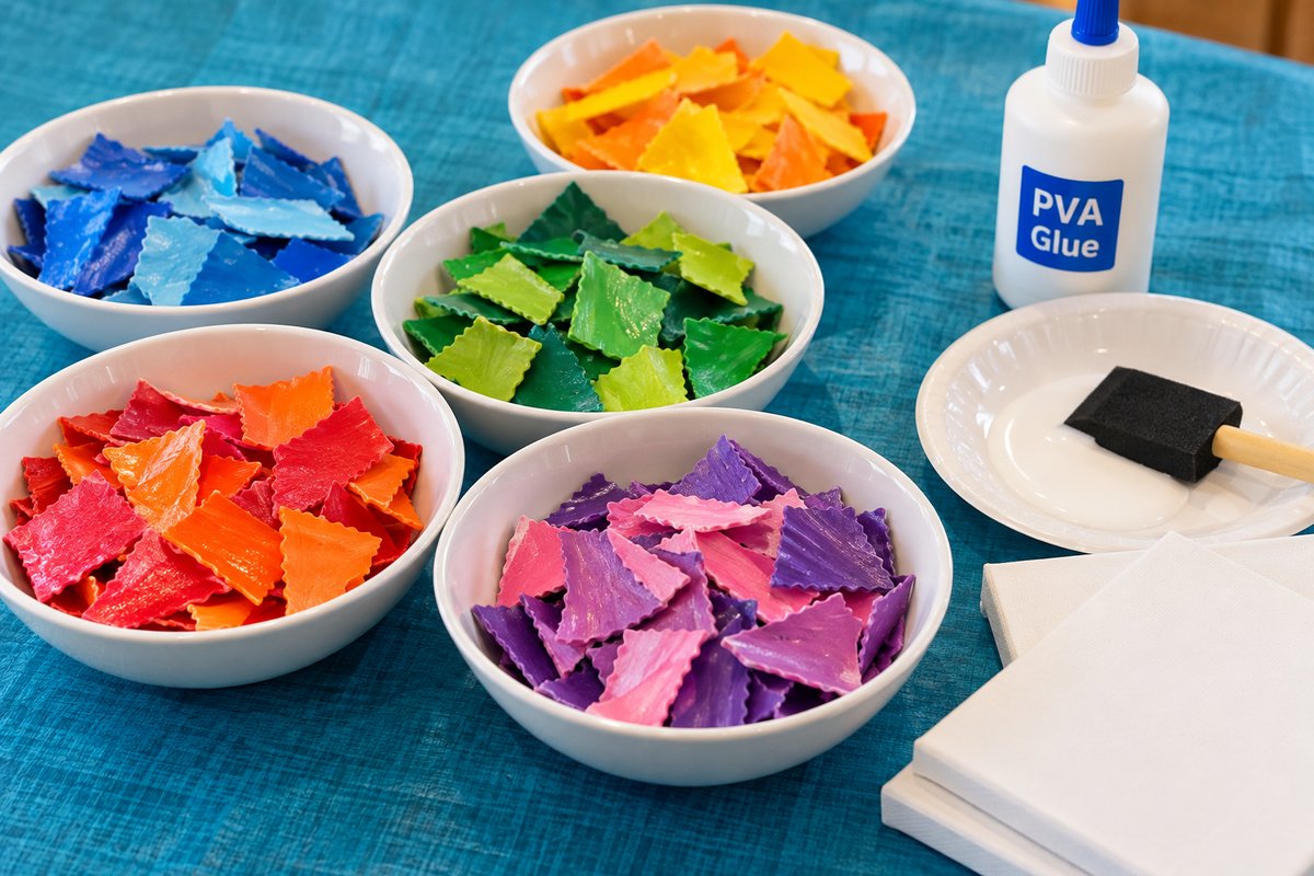 Bowls of painted lasagne pieces sorted into red, green and blue colour families beside a bottle of PVA glue and a small white canvas