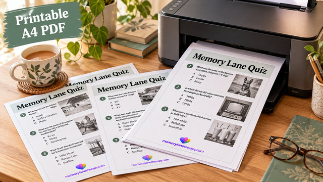 Printable A4 PDF quiz pages from Memory Lane Therapy