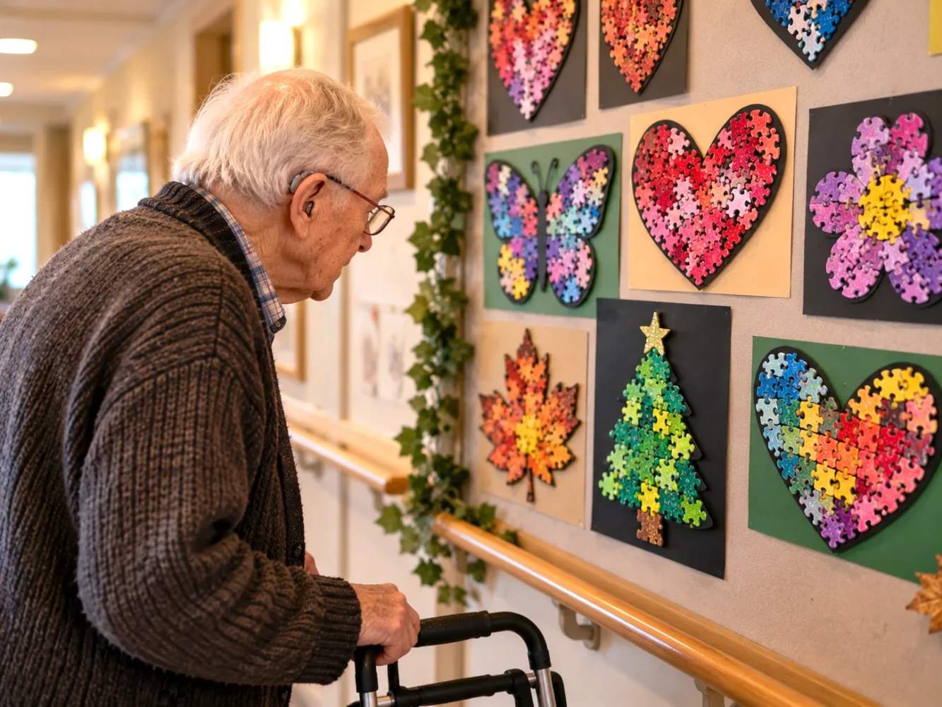 Older man with a walking frame looking at a corridor display of puzzle piece hearts, butterflies and trees