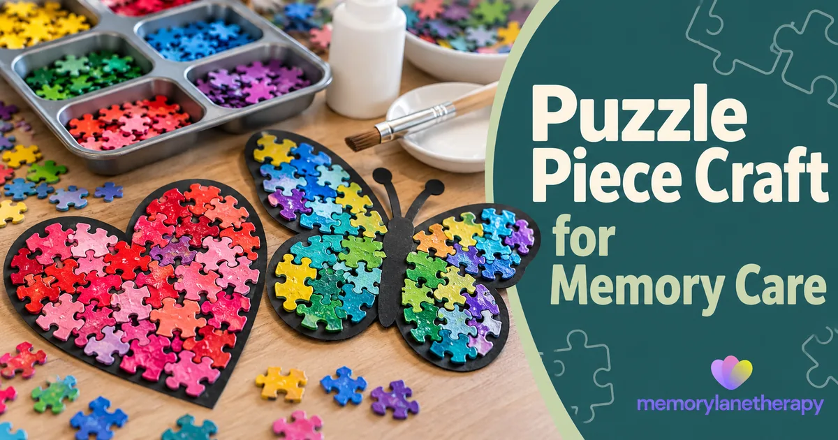 Puzzle Piece Craft for Memory Care title graphic with a puzzle piece heart and butterfly