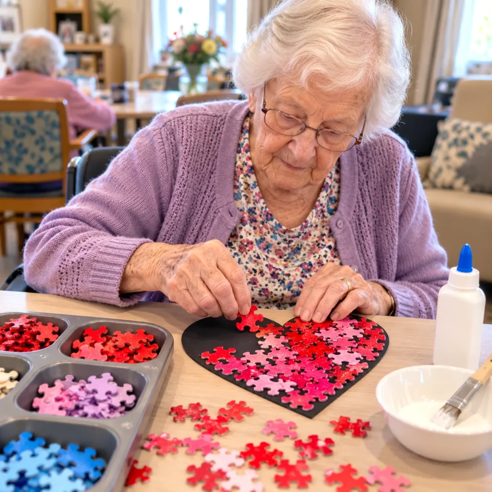 Elderly woman in a lilac cardigan filling a black card heart with red and pink painted puzzle pieces