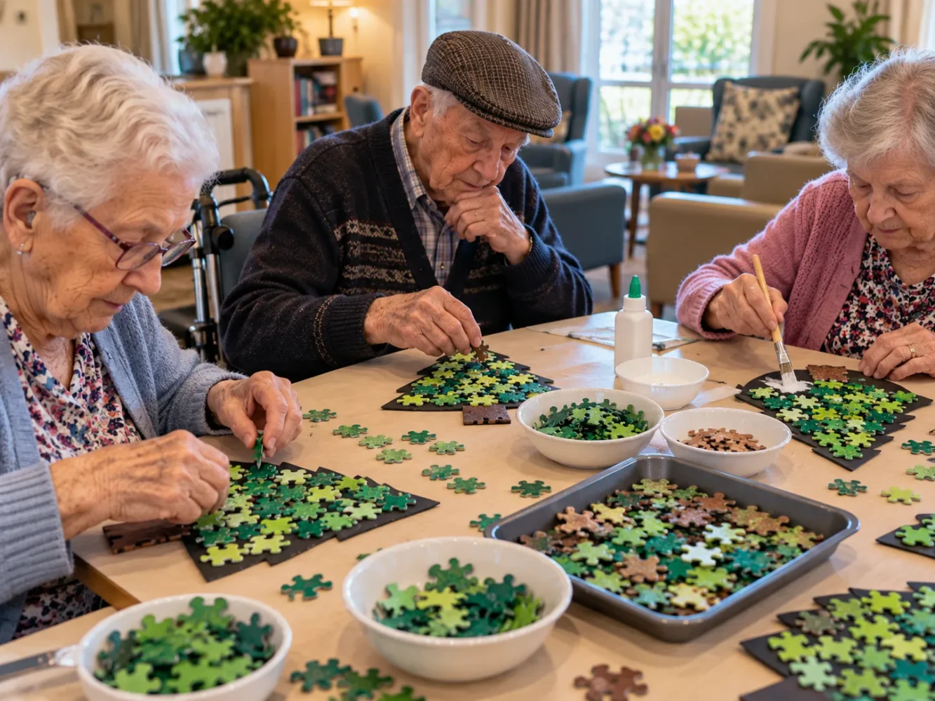 Three seniors at an aged care activity table making puzzle piece trees with green painted jigsaw pieces
