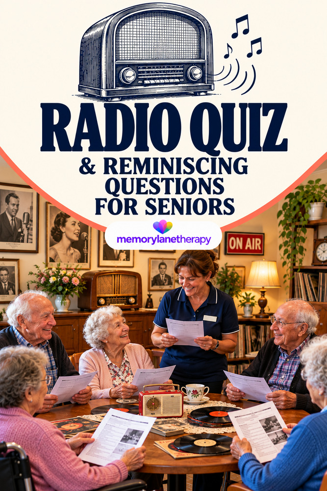 Radio Quiz and Reminiscing Questions for Seniors cover with a vintage valve radio drawing and residents enjoying the quiz together