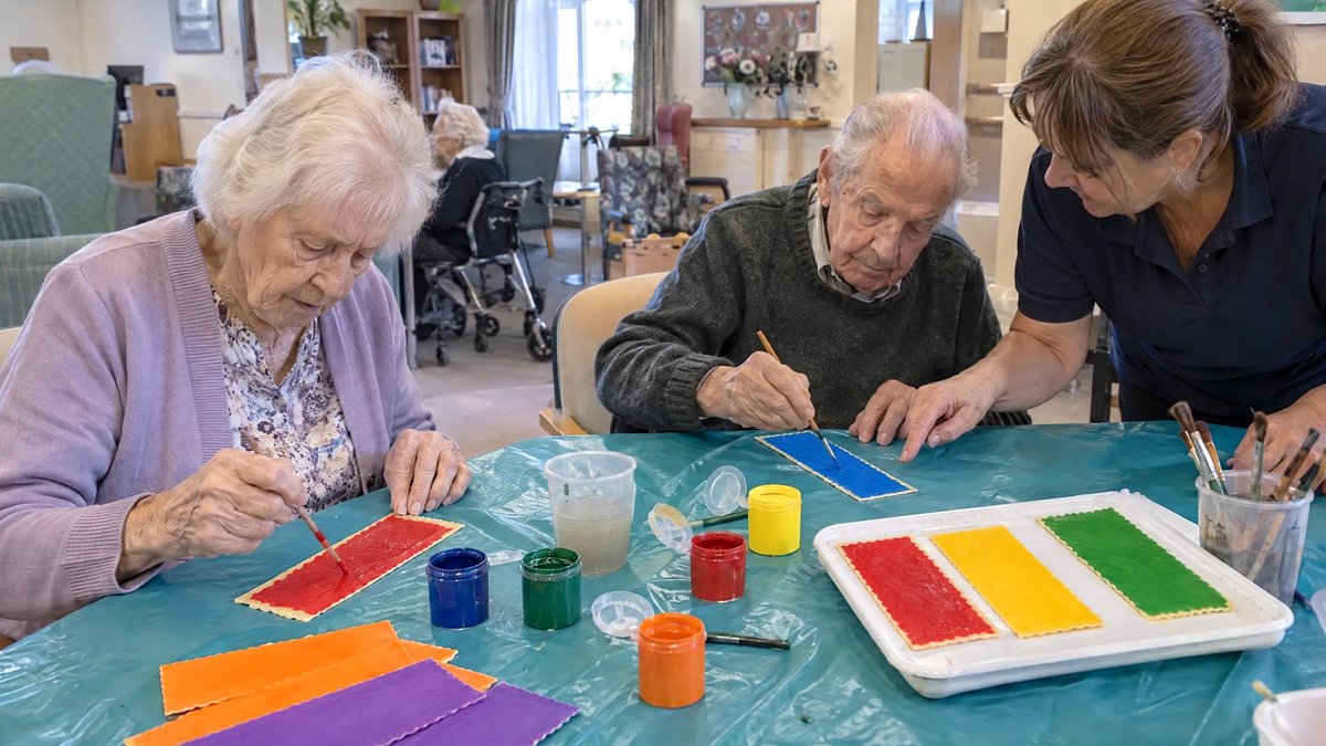 Residents painting dried lasagne sheets in bright colours with brushes at a craft table