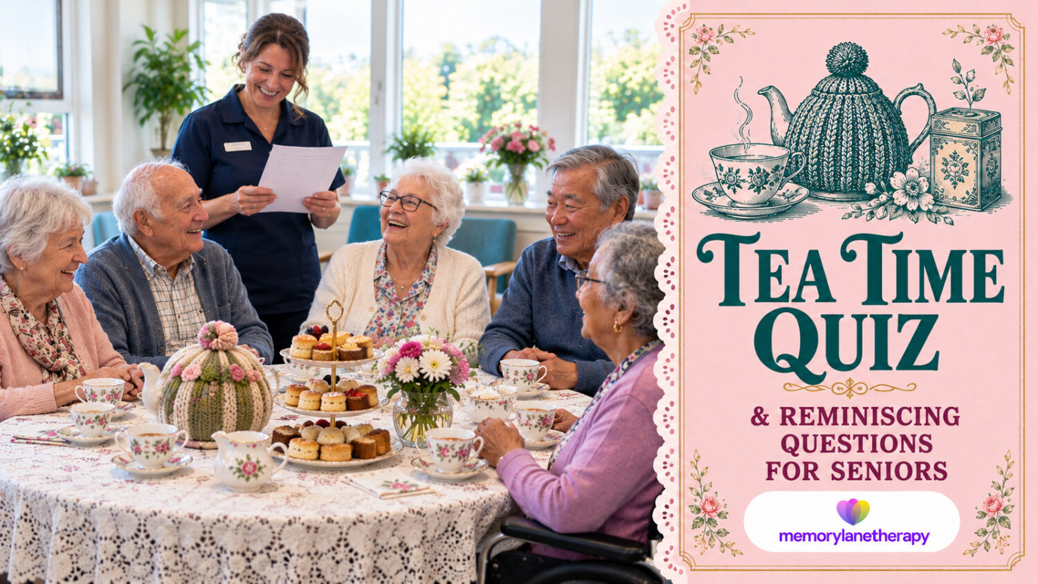 Smiling seniors and a carer at a lace-covered table set for morning tea with a knitted tea cosy, floral teacups and a cake stand for the Tea Time Quiz