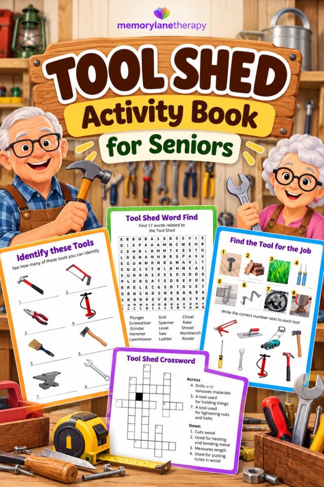 Tool Shed Activity Book for Seniors portrait cover with seniors and tool puzzles