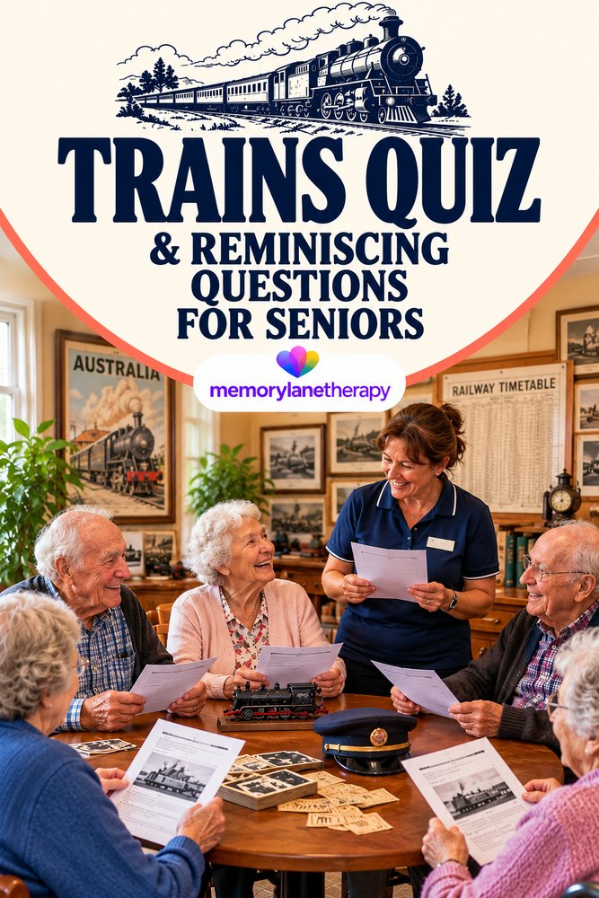 Trains Quiz and Reminiscing Questions for Seniors cover with a steam train drawing and residents enjoying the quiz together